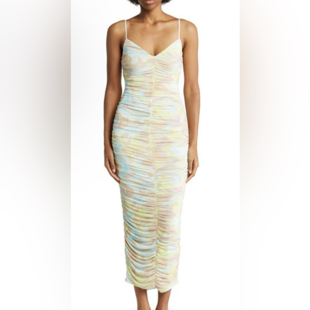 Afrm Aloisa Ruched Mesh Midi Slipdress In Sky Marble - Picture 1 of 1